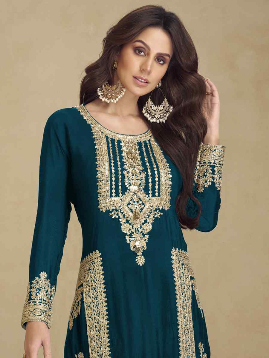 Teal Heavy Faux Georgett Embroidered Festival Wedding Pant Salwar Kameez