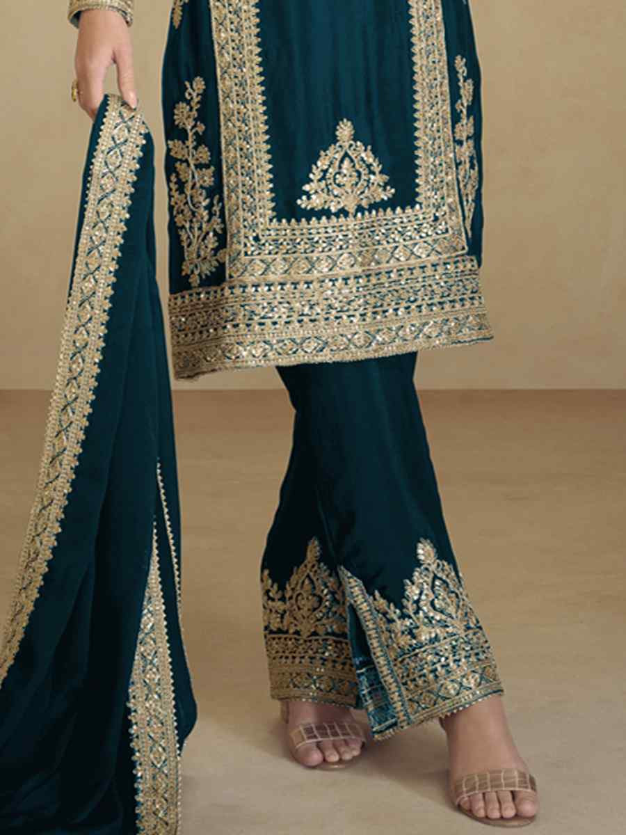 Teal Heavy Faux Georgett Embroidered Festival Wedding Pant Salwar Kameez