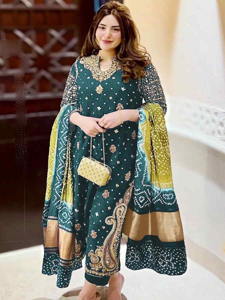 Teal Heavy Faux Georgette Embroidered Festival Wedding Pant Salwar Kameez