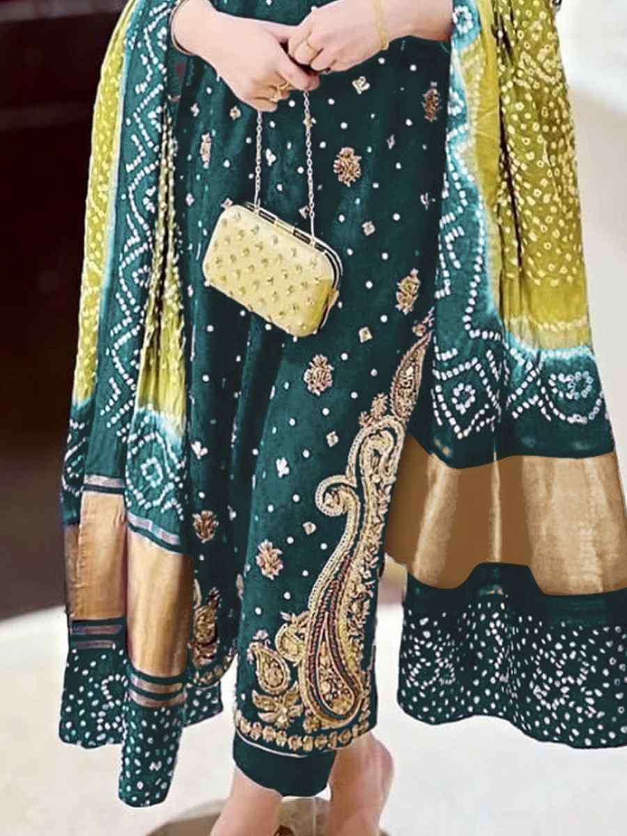 Teal Heavy Faux Georgette Embroidered Festival Wedding Pant Salwar Kameez