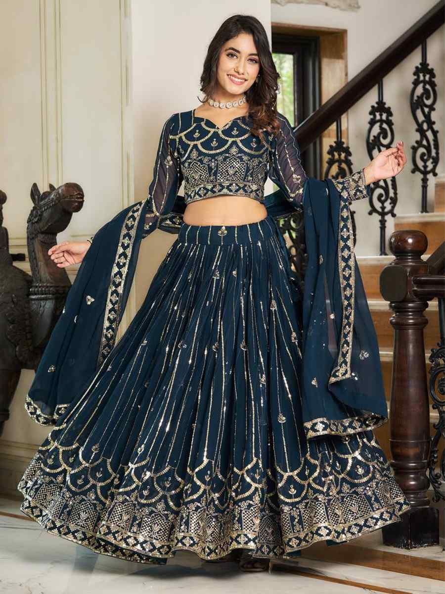 Teal Heavy Faux Georgette Embroidered Wedding Festival Heavy Border Lehenga Choli