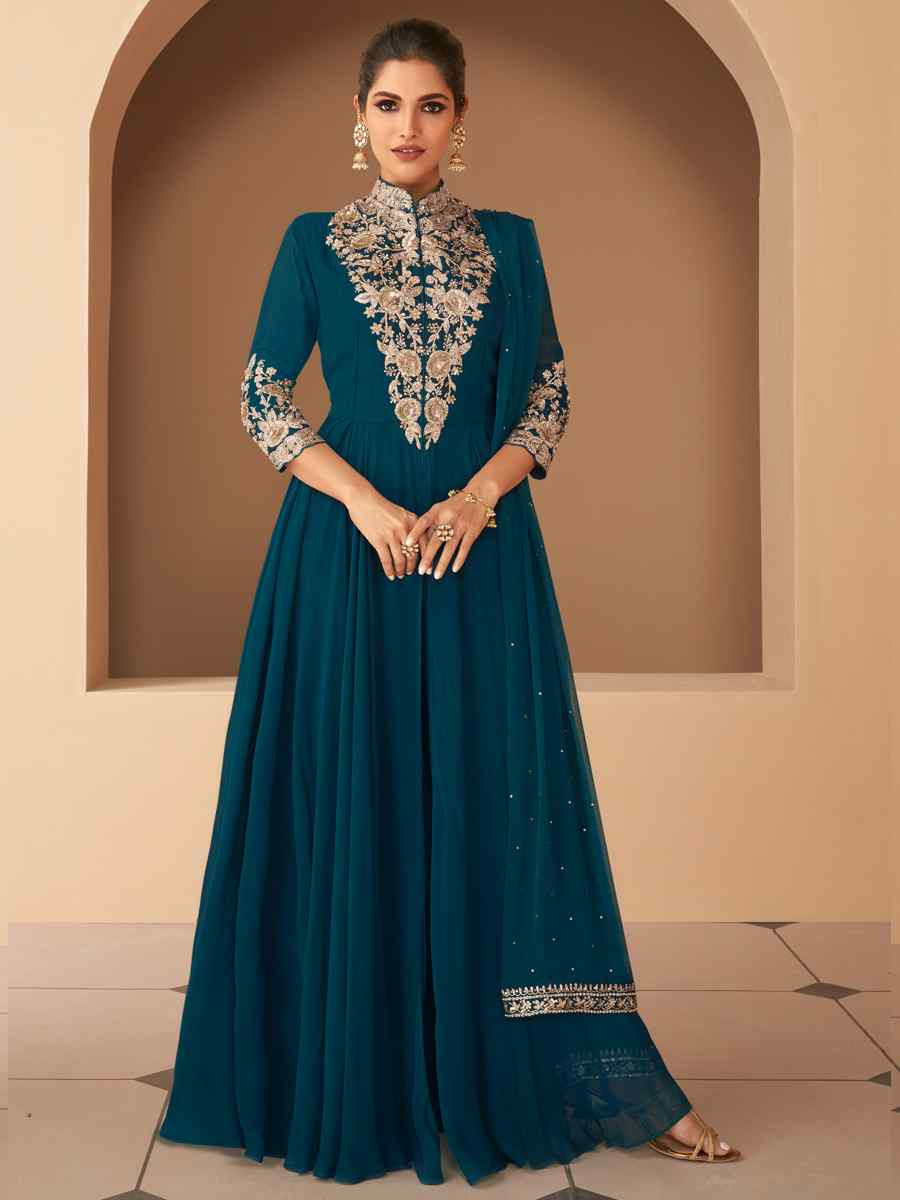 Teal Heavy Georgette Embroidered Party Casual Ready Anarkali Salwar Kameez