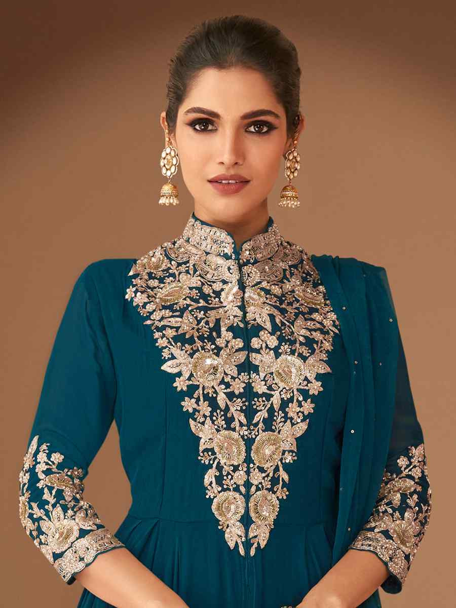 Teal Heavy Georgette Embroidered Party Casual Ready Anarkali Salwar Kameez