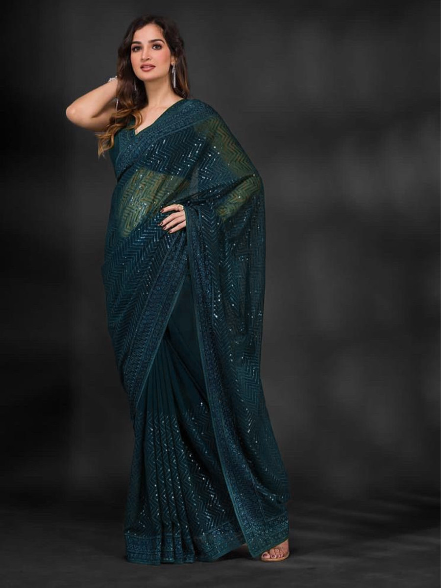 Teal Heavy Georgette Sequins Cocktail Party Classic Style Saree