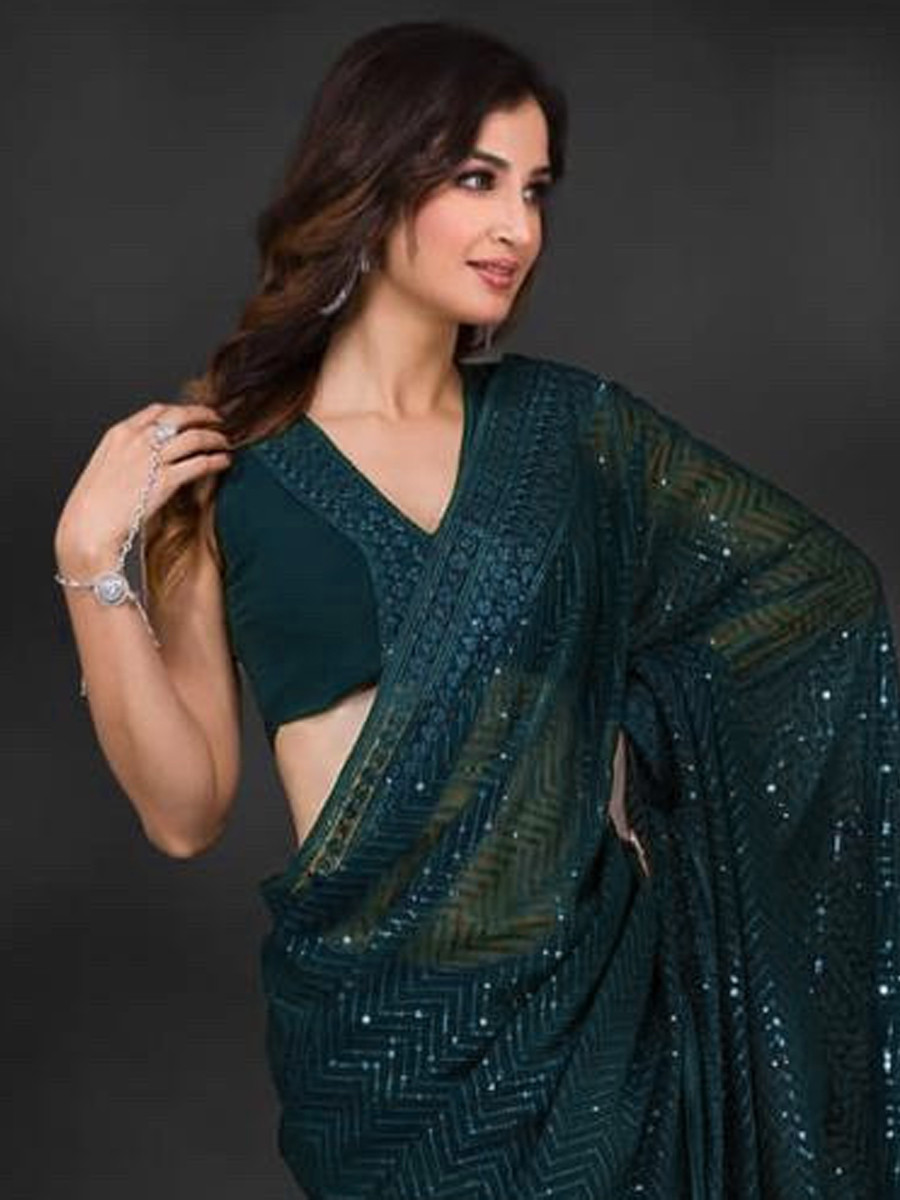 Teal Heavy Georgette Sequins Cocktail Party Classic Style Saree