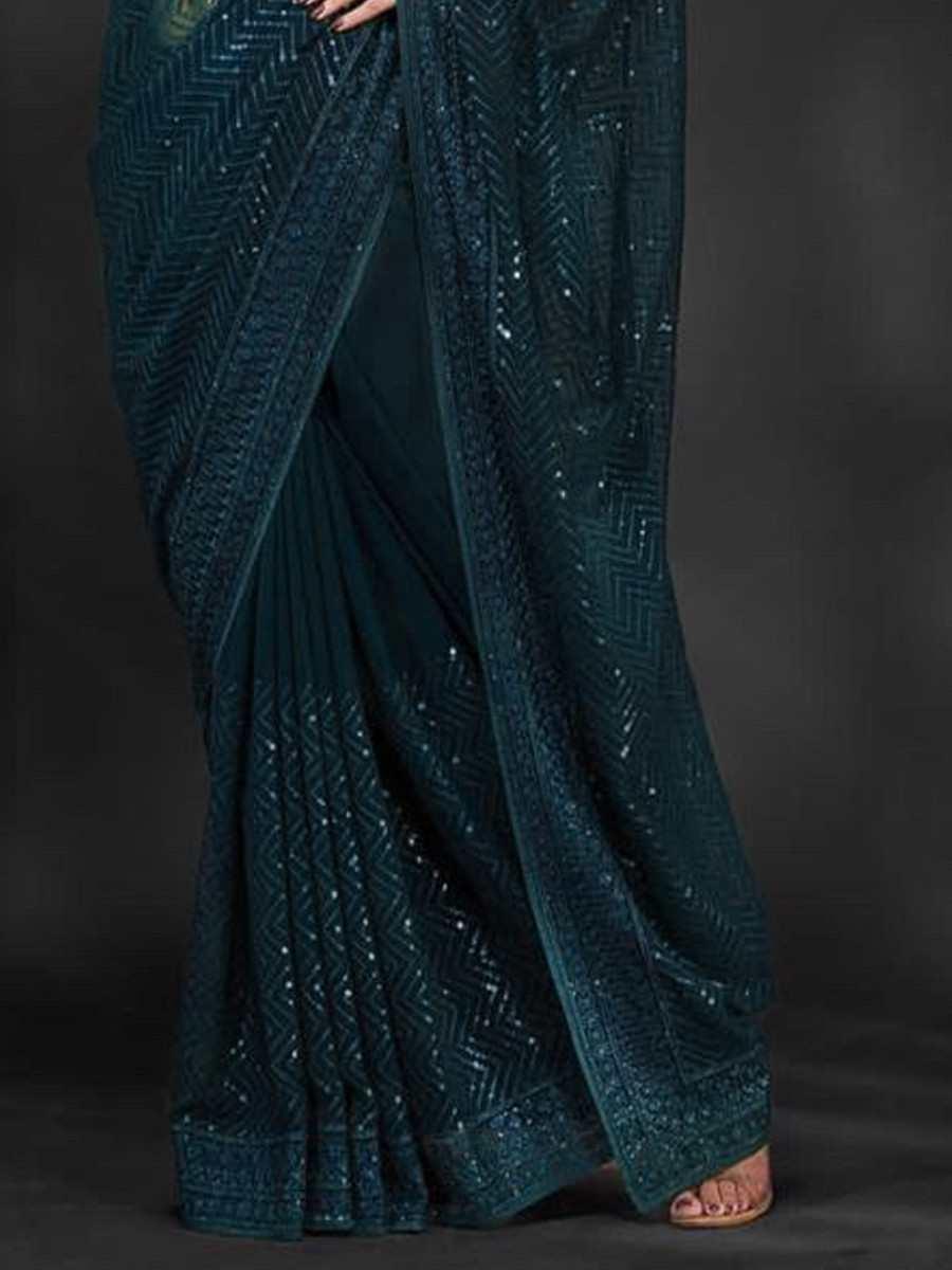 Teal Heavy Georgette Sequins Cocktail Party Classic Style Saree