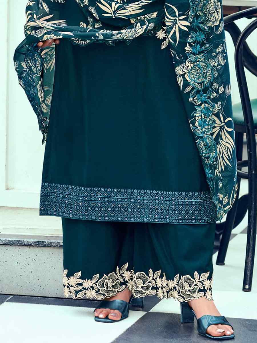 Teal Heavy Premium Chinon Embroidered Festival Mehendi Palazzo Pant Salwar Kameez