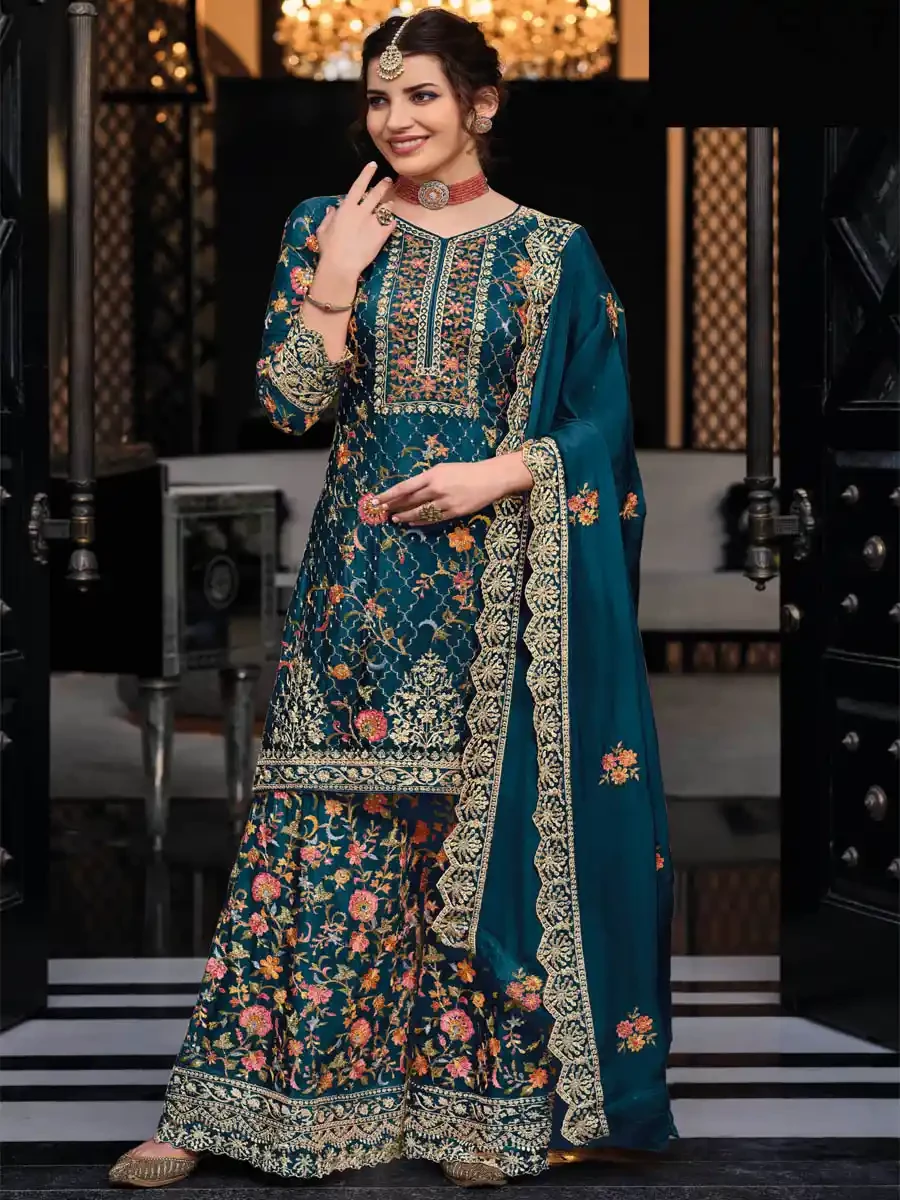 Teal Heavy Premium Silk Embroidered Festival Wedding Palazzo Pant Salwar Kameez