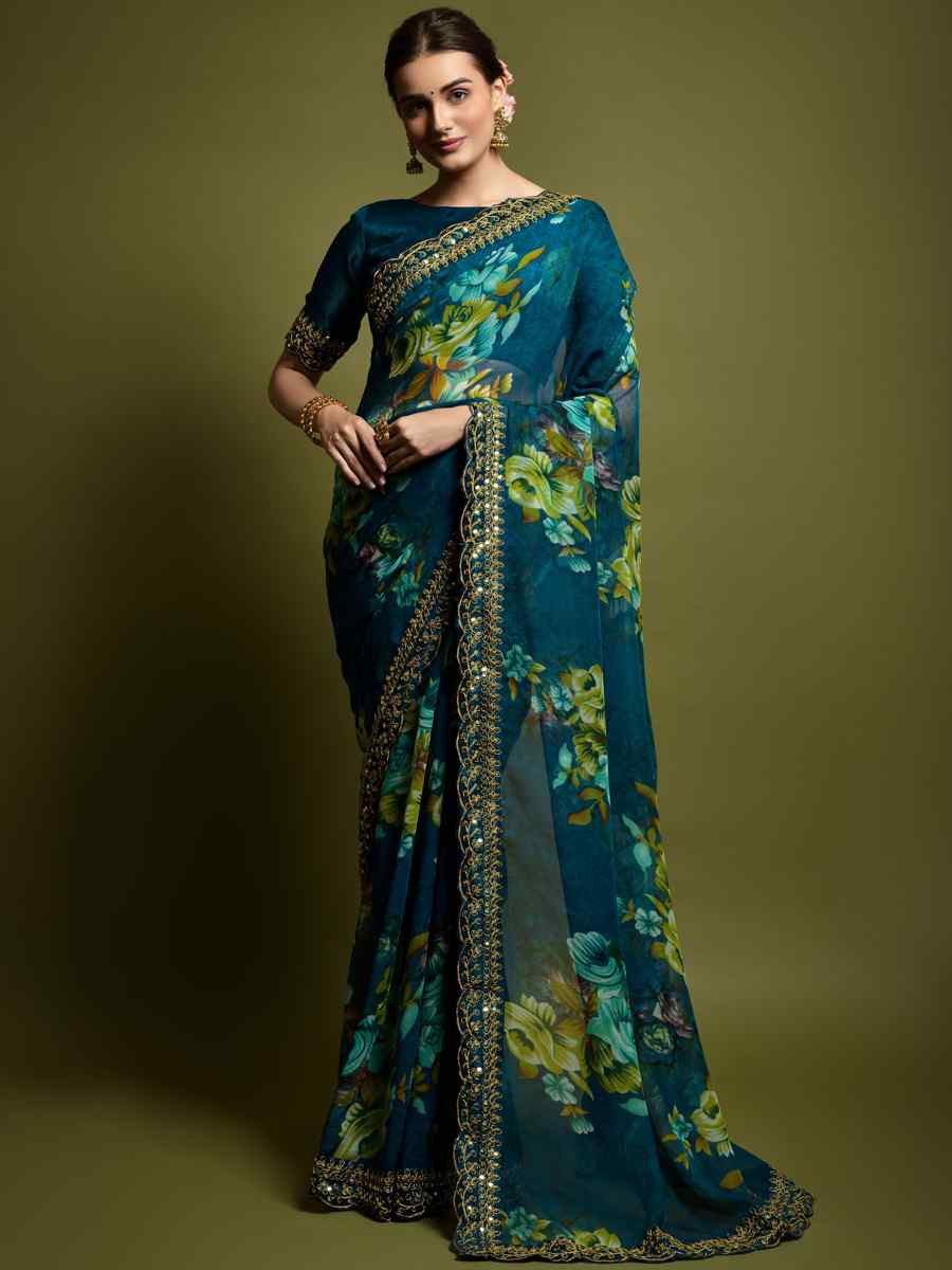 Teal Heavy Soft Chiffon Handwoven Festival Wedding Heavy Border Saree