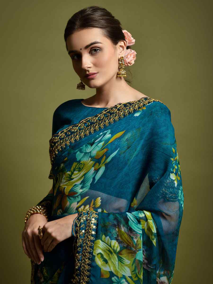 Teal Heavy Soft Chiffon Handwoven Festival Wedding Heavy Border Saree