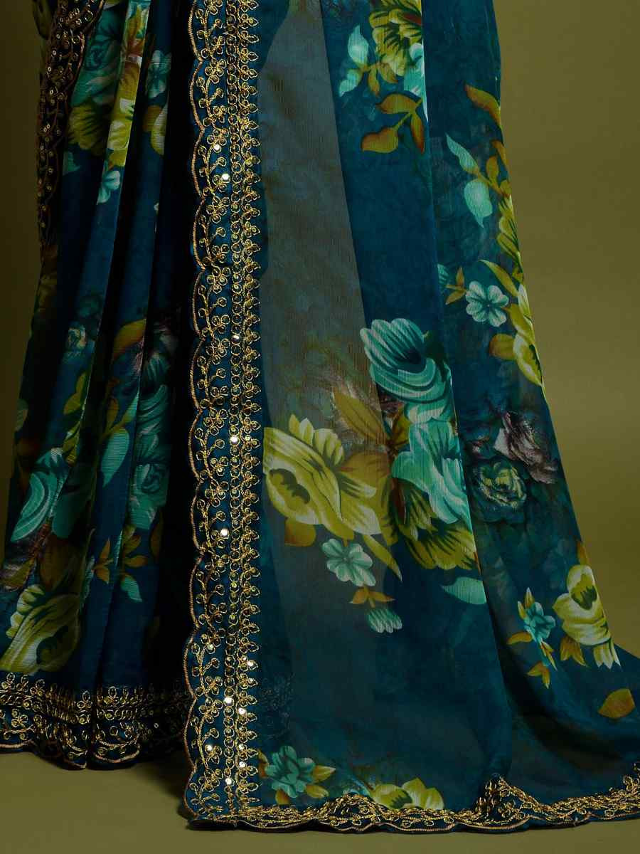 Teal Heavy Soft Chiffon Handwoven Festival Wedding Heavy Border Saree