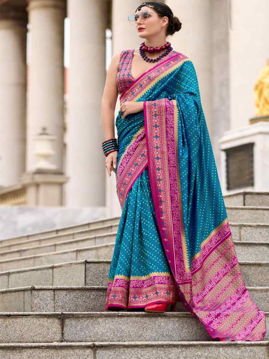 Teal Ikkat Soft Silk Handwoven Festival Wedding Heavy Border Saree