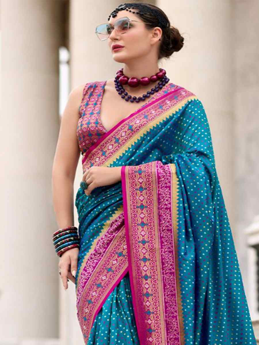 Teal Ikkat Soft Silk Handwoven Festival Wedding Heavy Border Saree