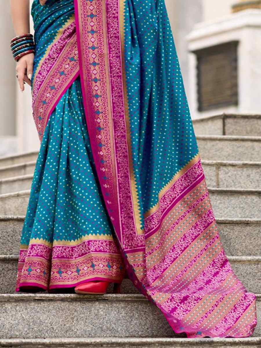 Teal Ikkat Soft Silk Handwoven Festival Wedding Heavy Border Saree