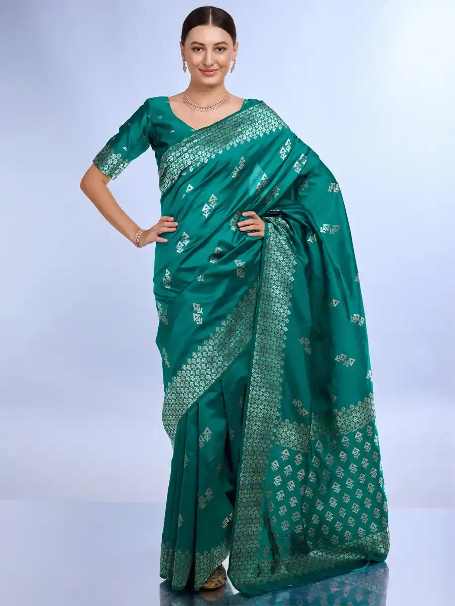 Teal Litchi Kota Silk Handwoven Festival Wedding Heavy Border Saree