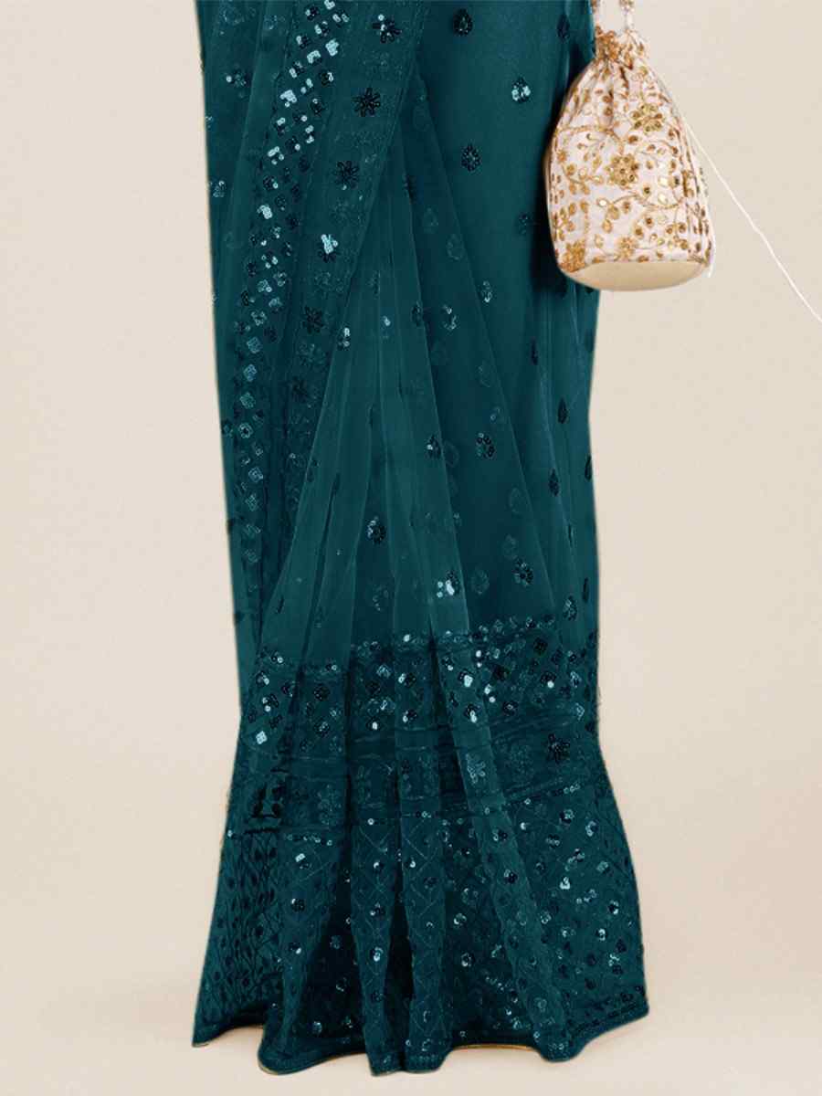 Teal Net Embroidered Party Festival Heavy Border Saree