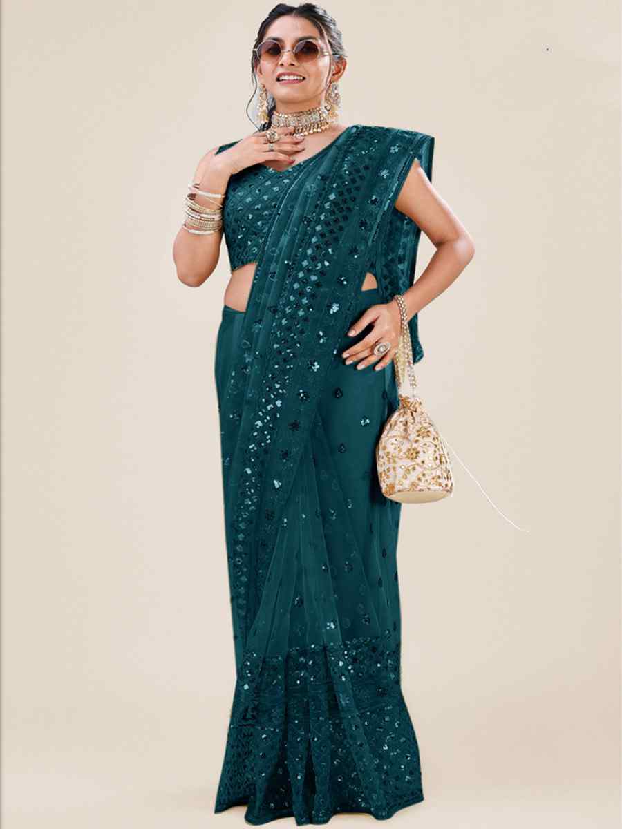 Teal Net Embroidered Party Festival Heavy Border Saree