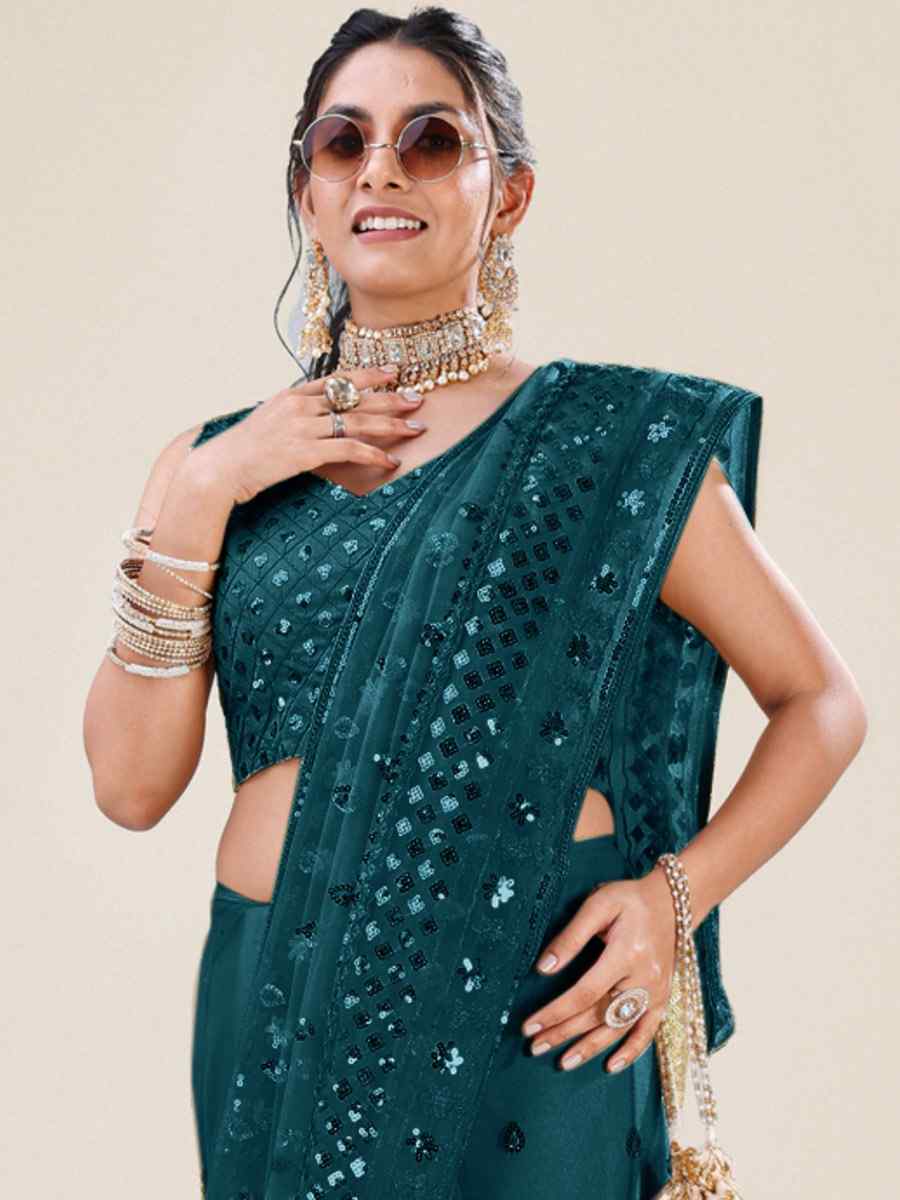 Teal Net Embroidered Party Festival Heavy Border Saree