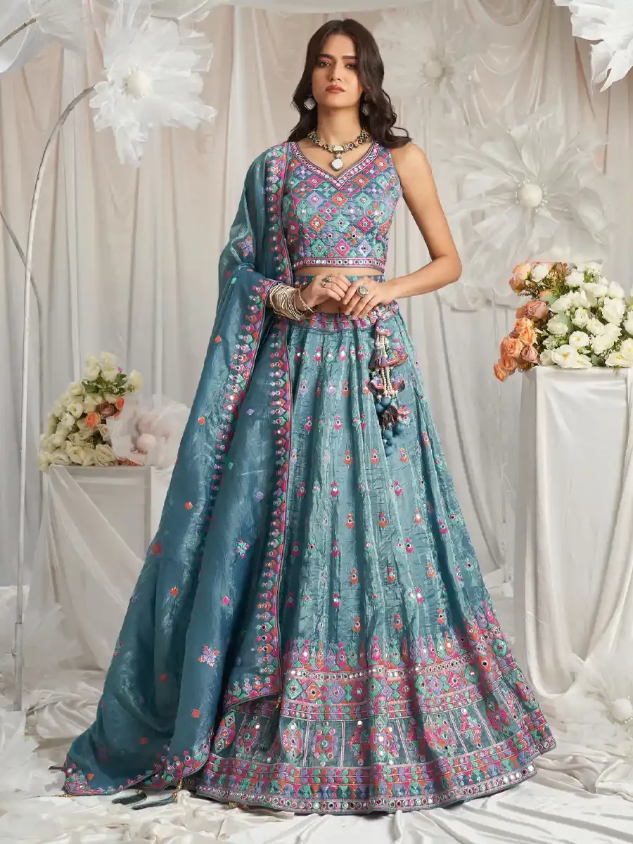 Teal Organza Embroidered Wedding Bridesmaid Heavy Border Lehenga Choli