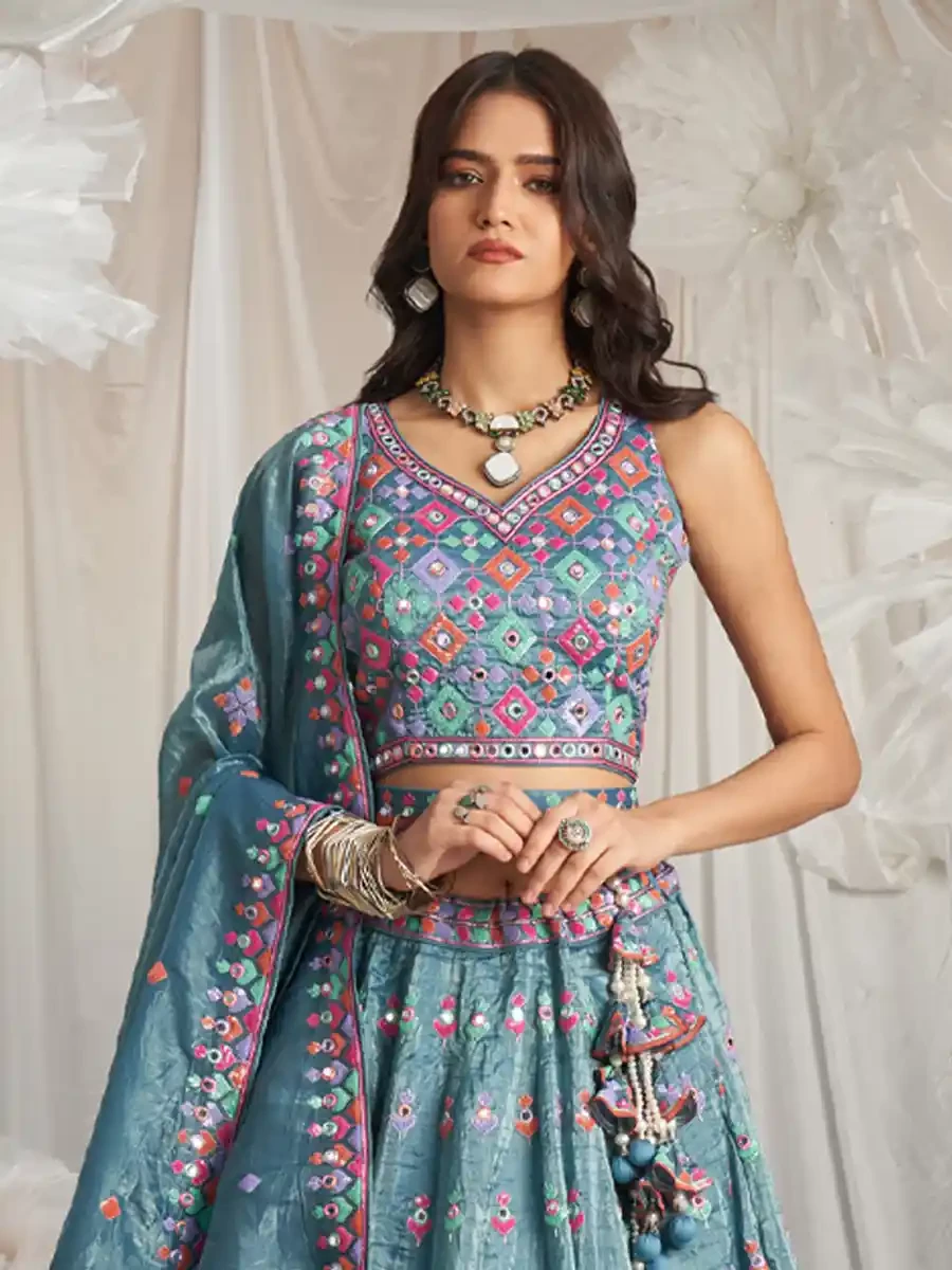 Teal Organza Embroidered Wedding Bridesmaid Heavy Border Lehenga Choli