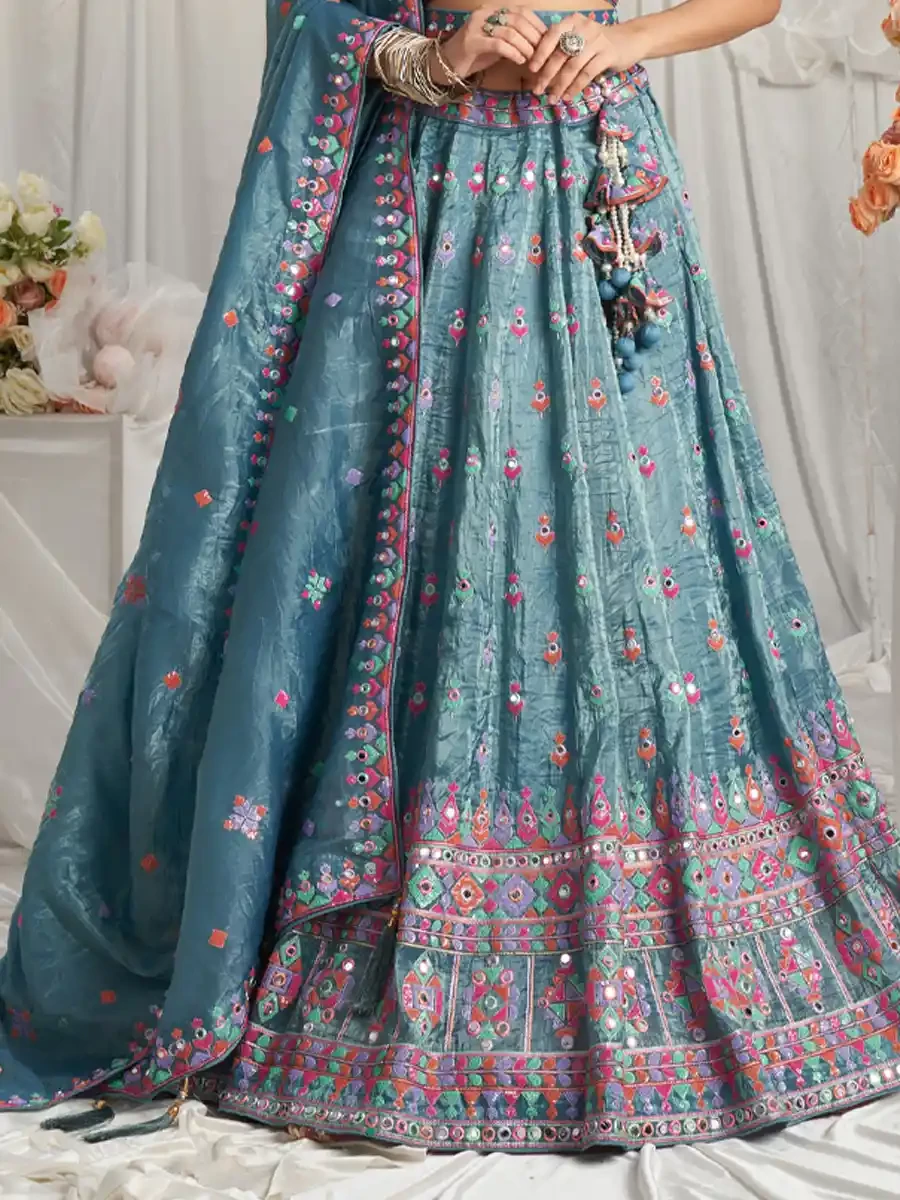 Teal Organza Embroidered Wedding Bridesmaid Heavy Border Lehenga Choli