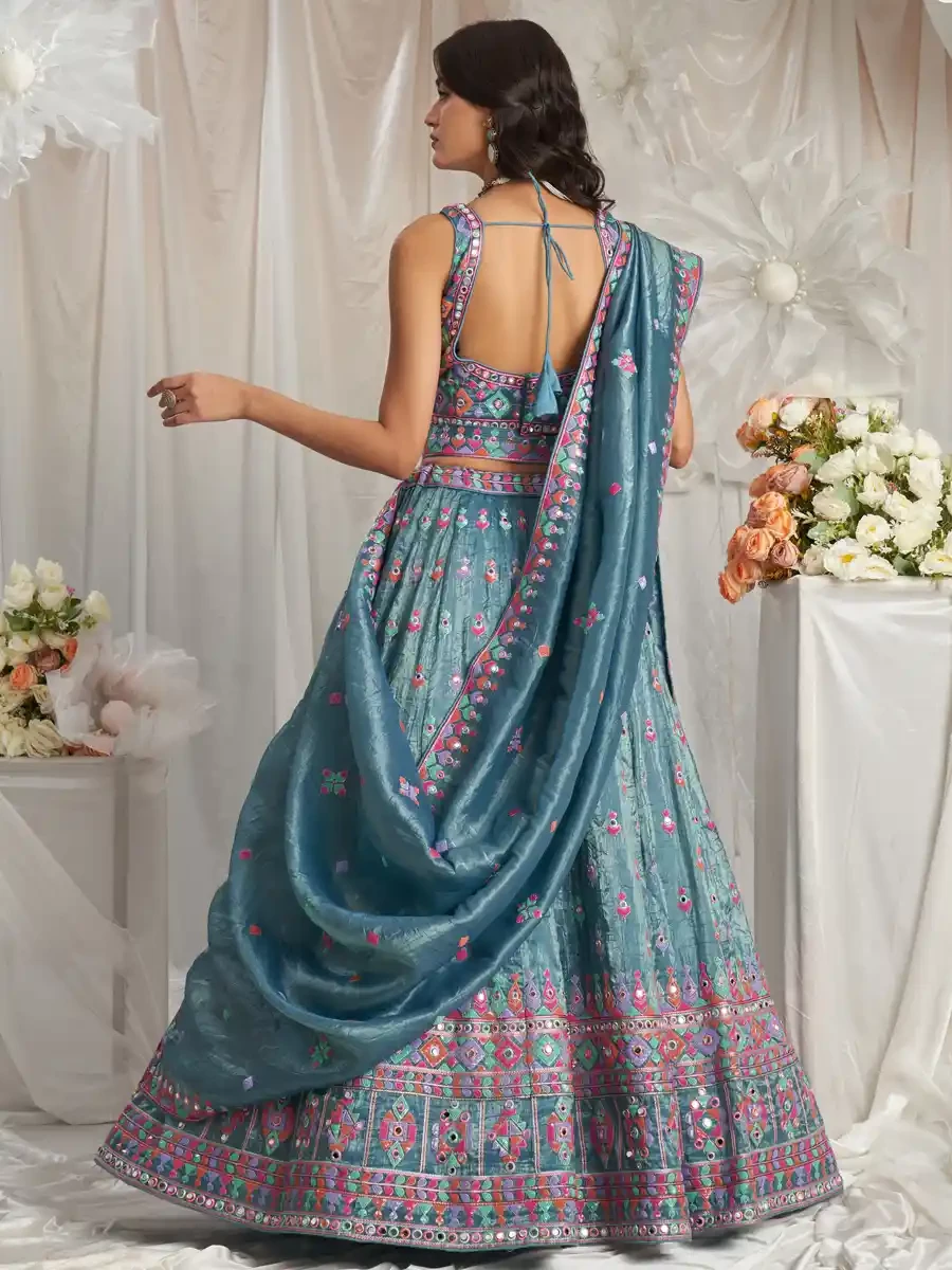 Teal Organza Embroidered Wedding Bridesmaid Heavy Border Lehenga Choli