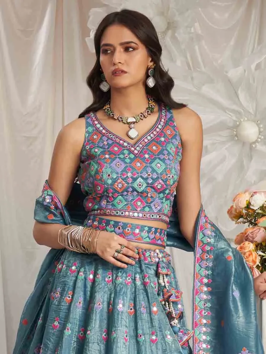 Teal Organza Embroidered Wedding Bridesmaid Heavy Border Lehenga Choli