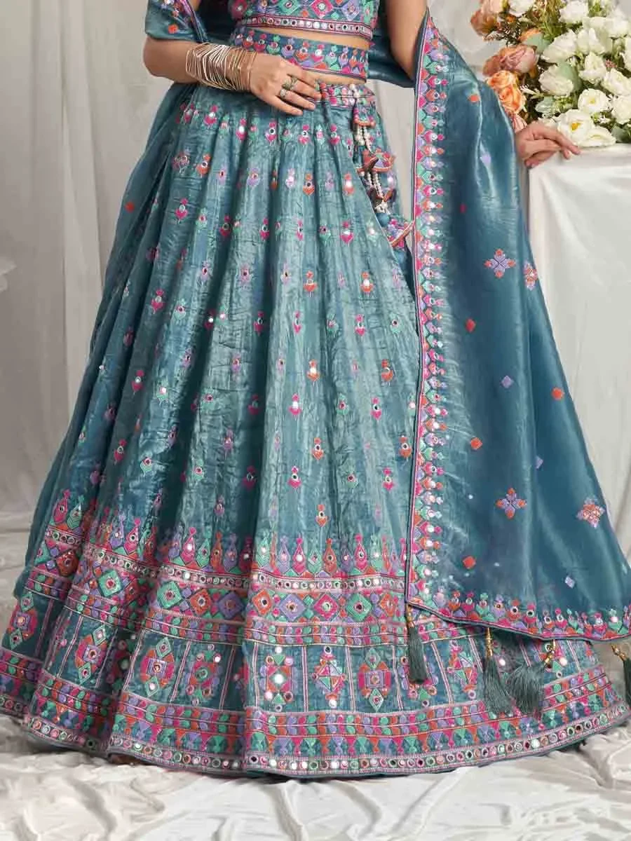 Teal Organza Embroidered Wedding Bridesmaid Heavy Border Lehenga Choli