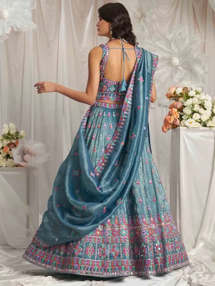 Teal Organza Embroidered Wedding Bridesmaid Heavy Border Lehenga Choli