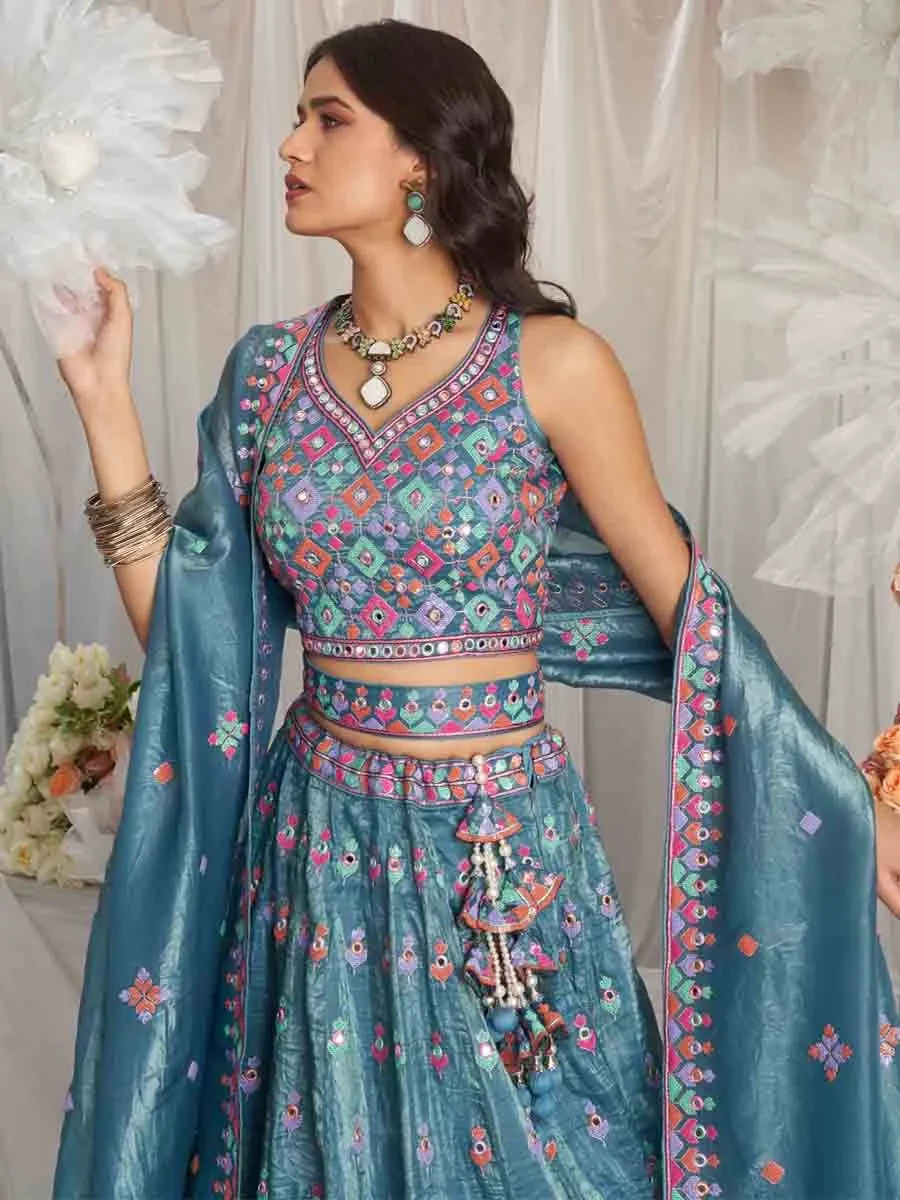 Teal Organza Embroidered Wedding Bridesmaid Heavy Border Lehenga Choli