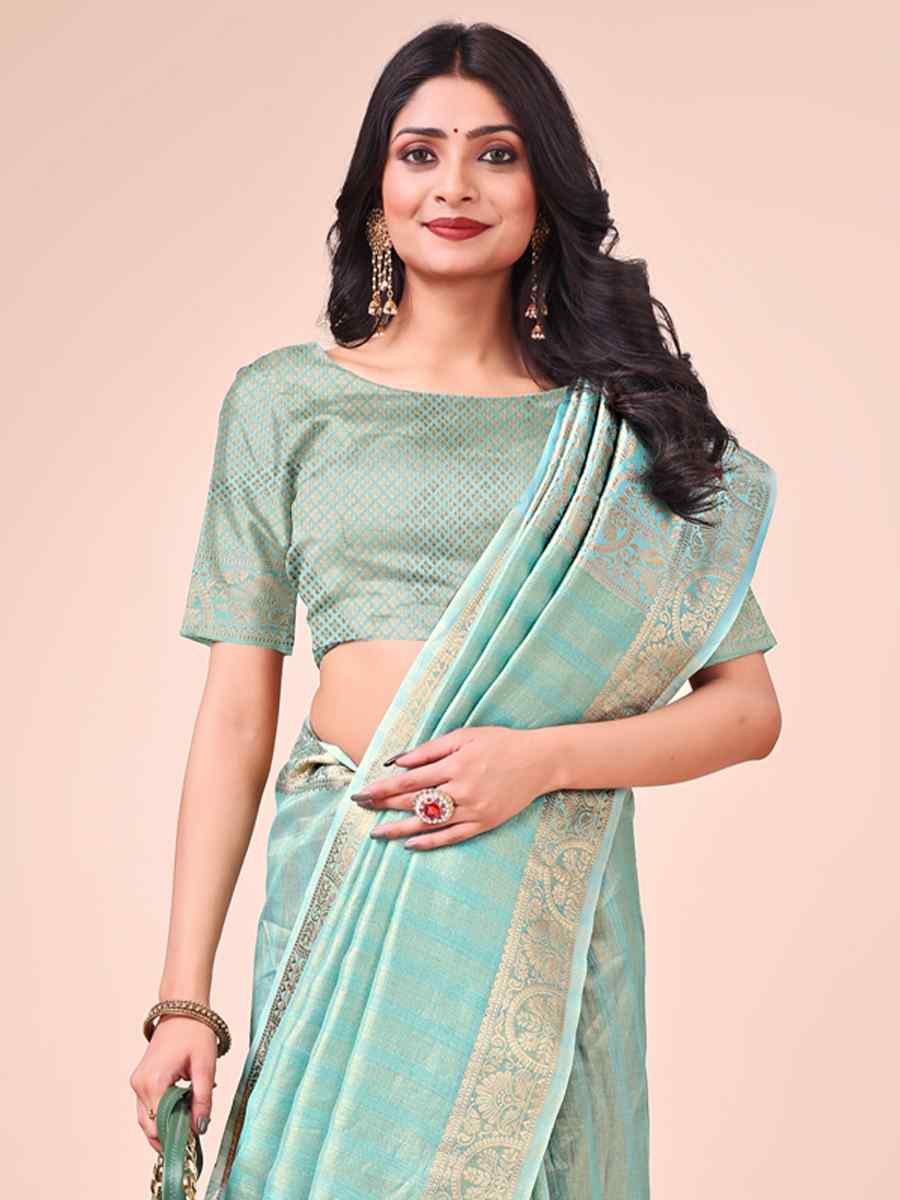 Teal Organza Handwoven Festival Wedding Fancy Heavy Border Saree