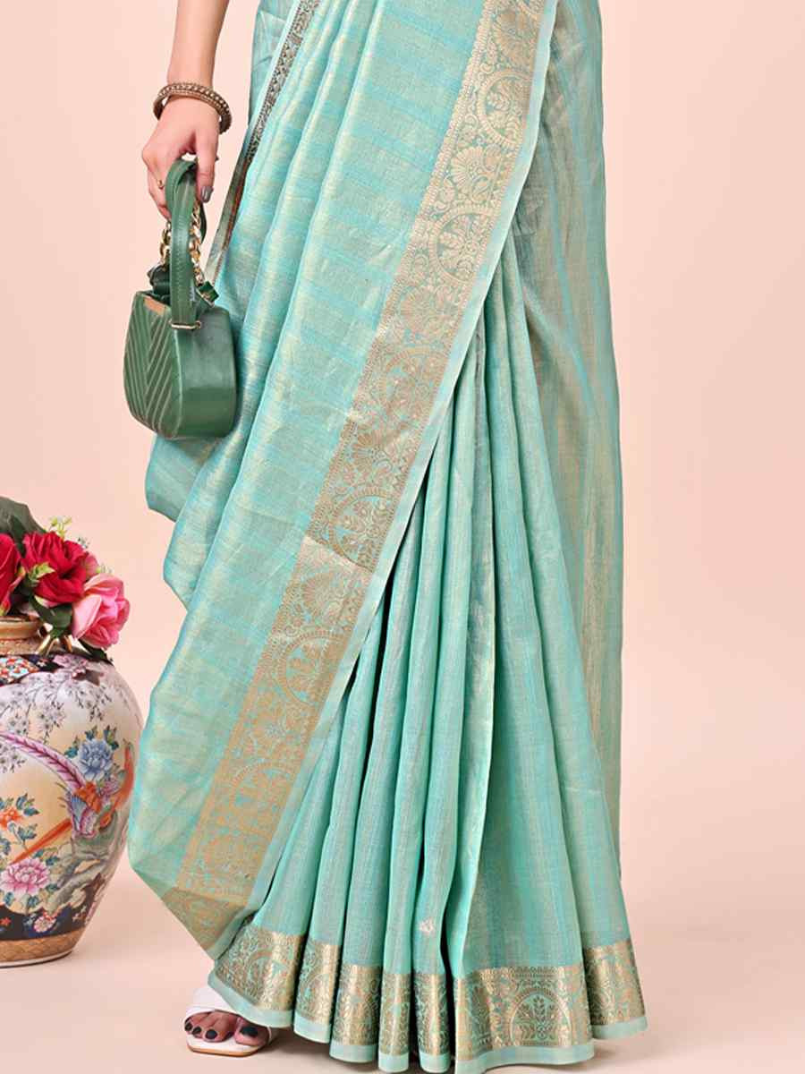 Teal Organza Handwoven Festival Wedding Fancy Heavy Border Saree