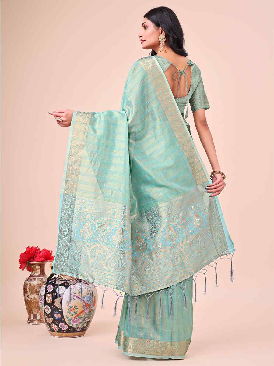 Teal Organza Handwoven Festival Wedding Fancy Heavy Border Saree