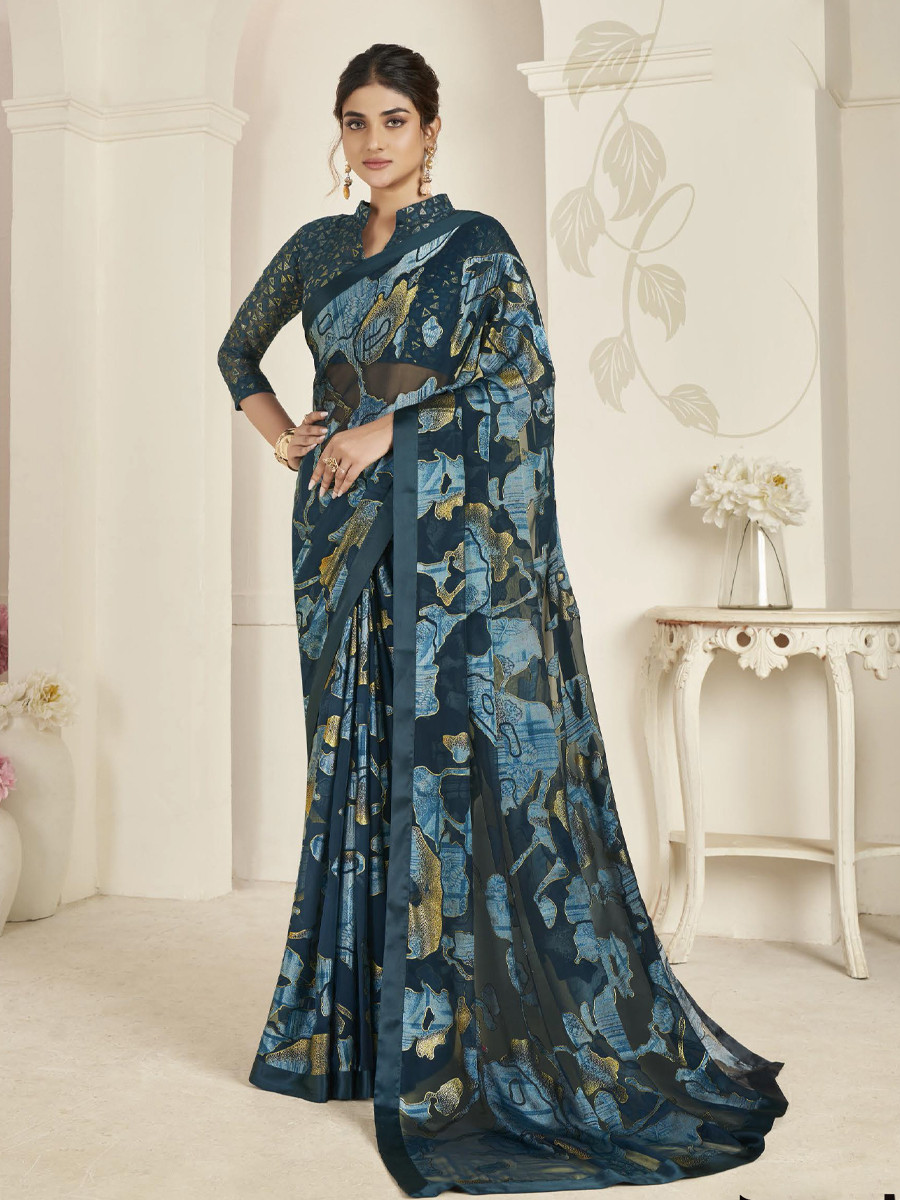 Teal Organza Printed Festival Casual Contemporary Saree