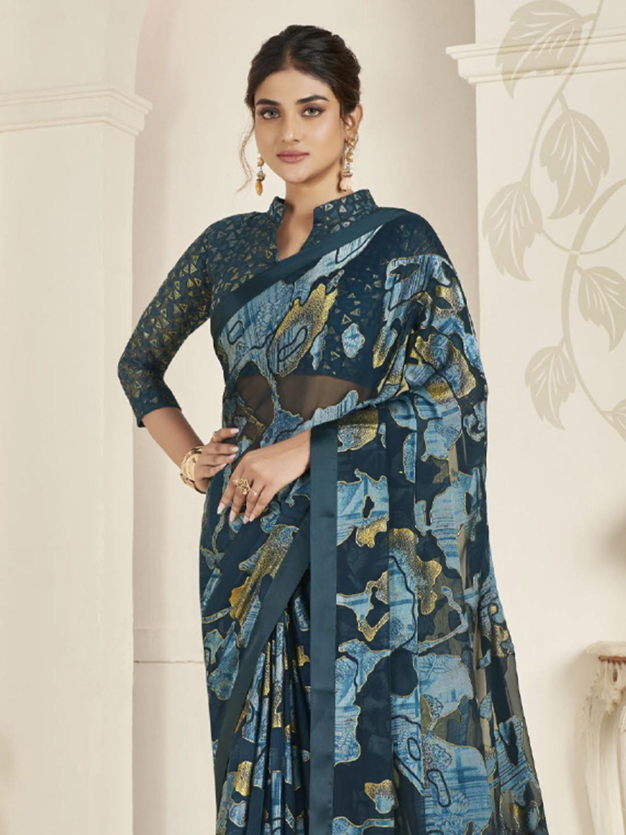 Teal Organza Printed Festival Casual Contemporary Saree