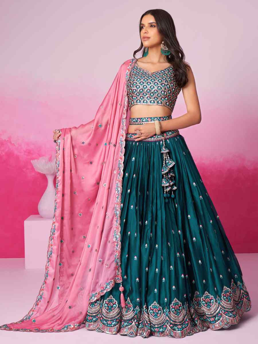 Teal Poly Georgette Embroidered Bridesmaid Wedding Heavy Border Lehenga Choli