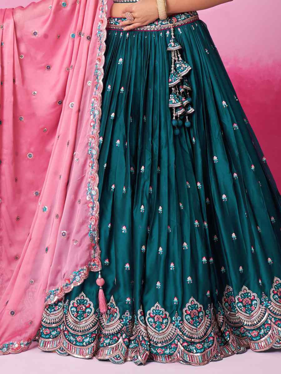 Teal Poly Georgette Embroidered Bridesmaid Wedding Heavy Border Lehenga Choli