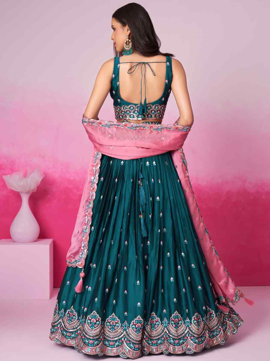 Teal Poly Georgette Embroidered Bridesmaid Wedding Heavy Border Lehenga Choli