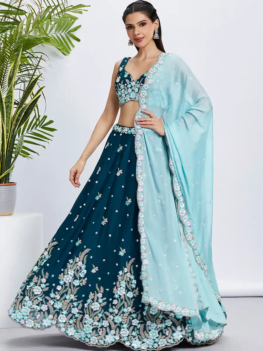 Teal Poly Georgette Embroidery Reception Party Wear Heavy Border Lehenga Choli