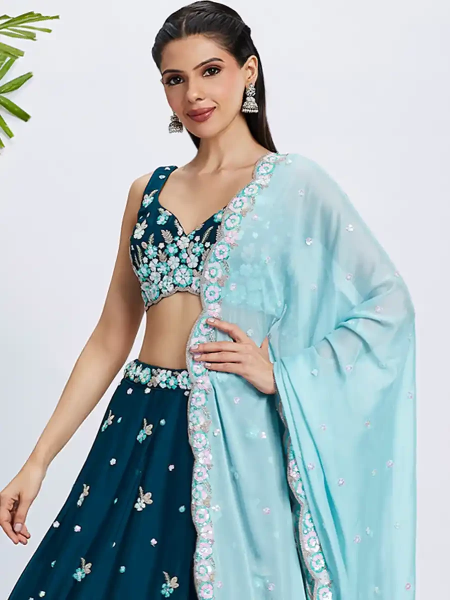 Teal Poly Georgette Embroidery Reception Party Wear Heavy Border Lehenga Choli