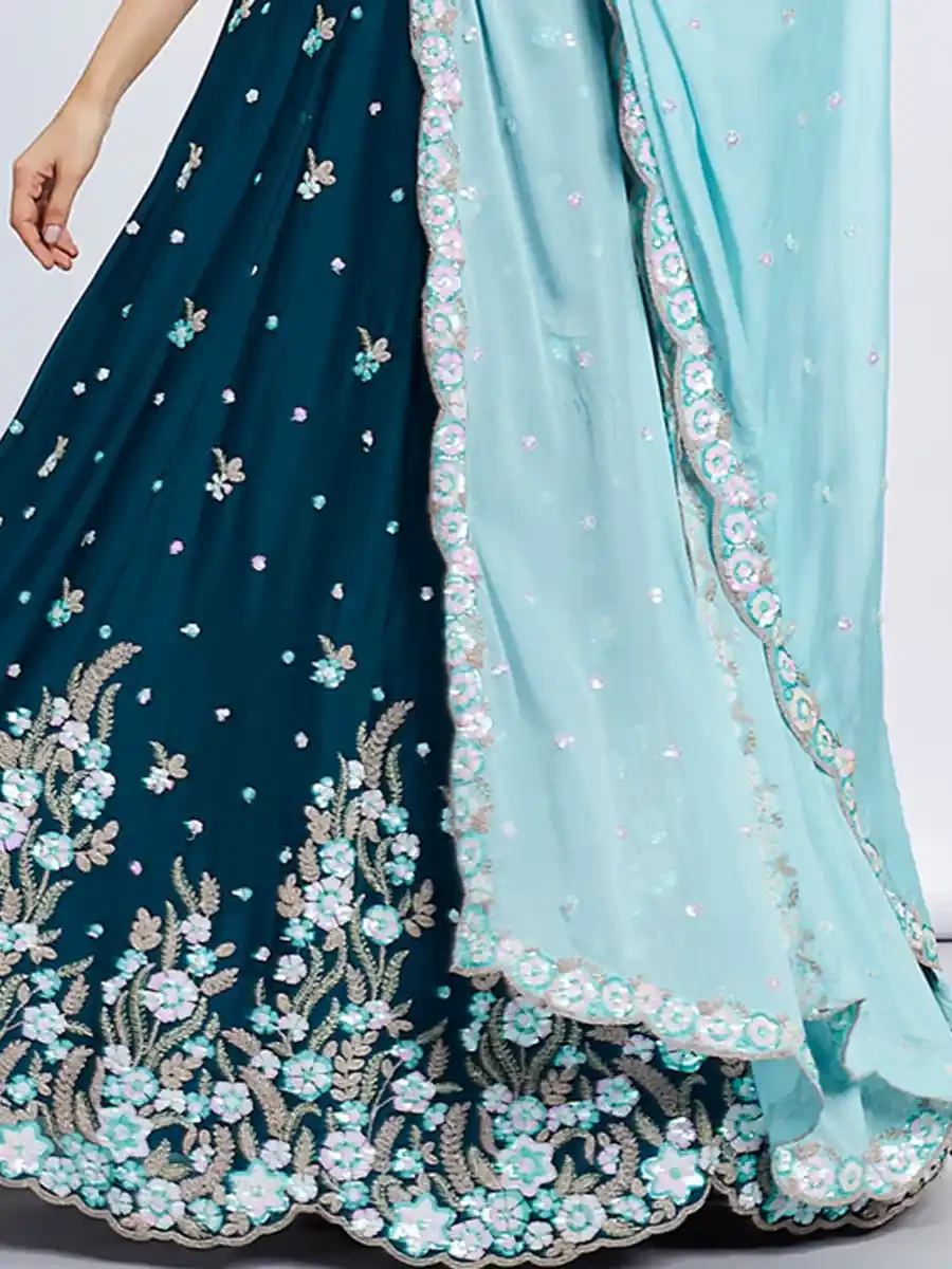 Teal Poly Georgette Embroidery Reception Party Wear Heavy Border Lehenga Choli