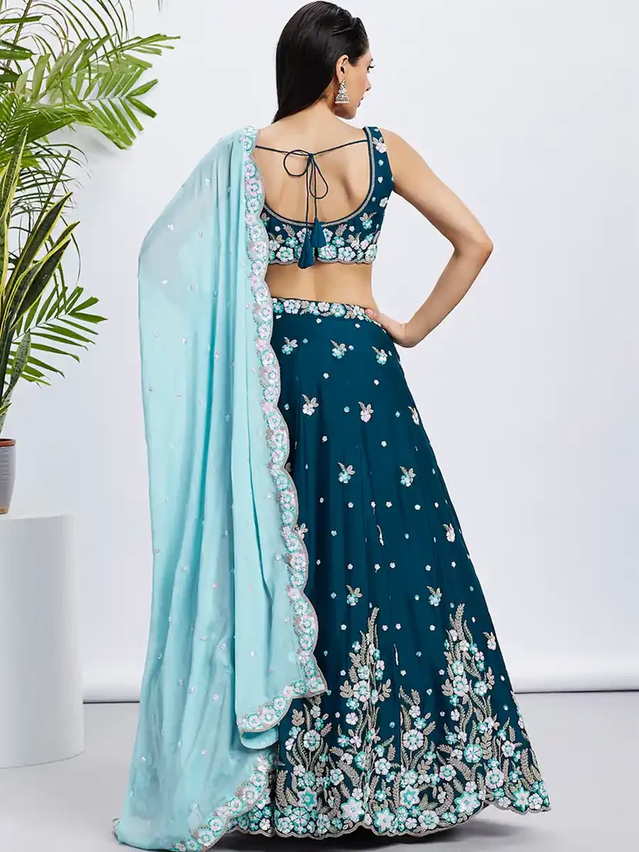 Teal Poly Georgette Embroidery Reception Party Wear Heavy Border Lehenga Choli