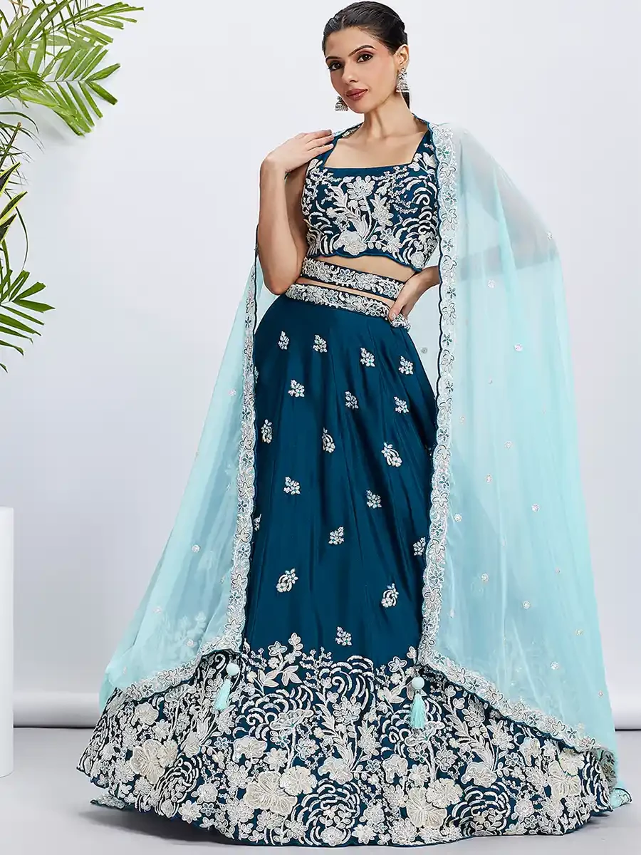 Teal Poly Georgette Embroidery Reception Wedding Heavy Border Lehenga Choli