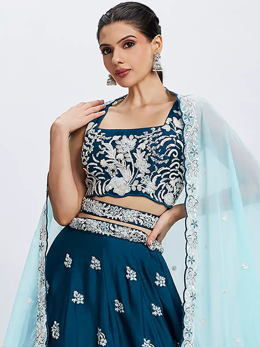 Teal Poly Georgette Embroidery Reception Wedding Heavy Border Lehenga Choli