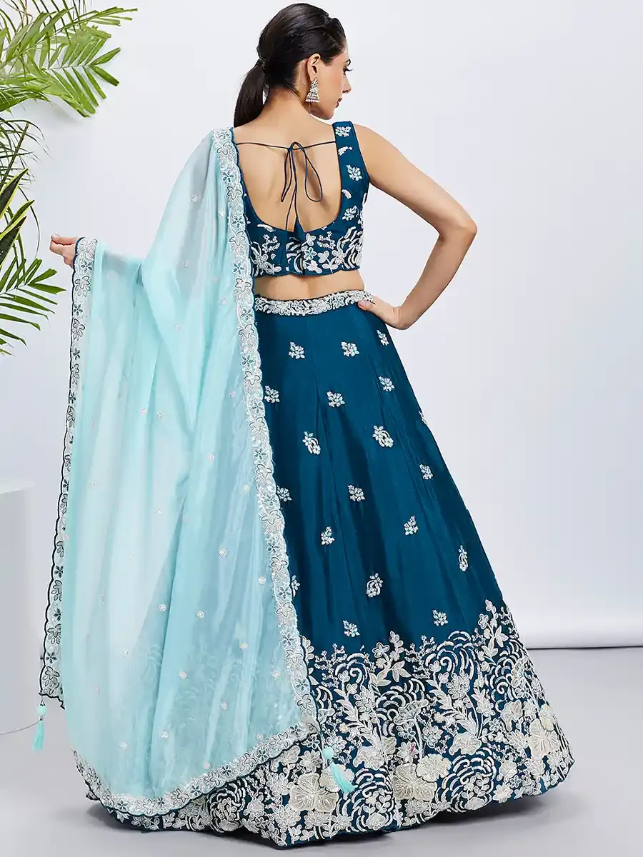 Teal Poly Georgette Embroidery Reception Wedding Heavy Border Lehenga Choli