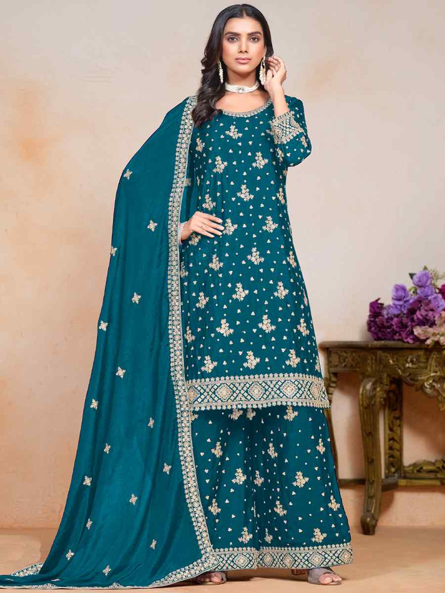 Teal Premium Fiber Chinon Embroidered Festival Wedding Ready Sharara Pant Salwar Kameez