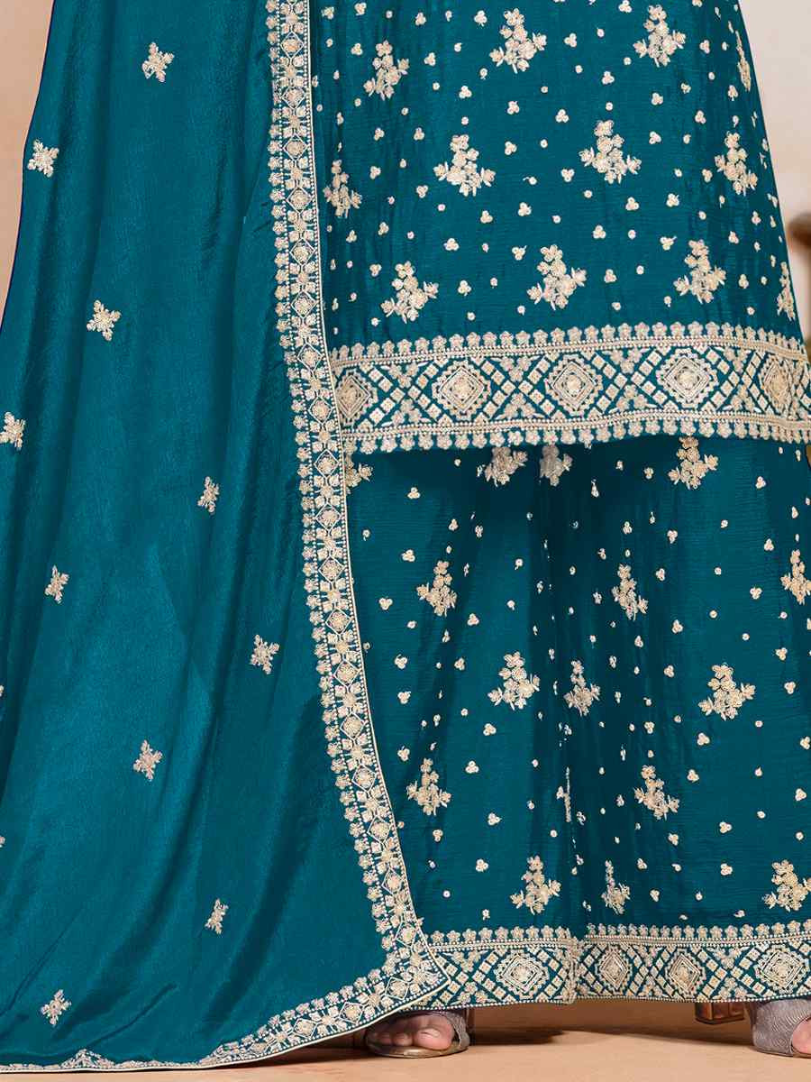 Teal Premium Fiber Chinon Embroidered Festival Wedding Ready Sharara Pant Salwar Kameez