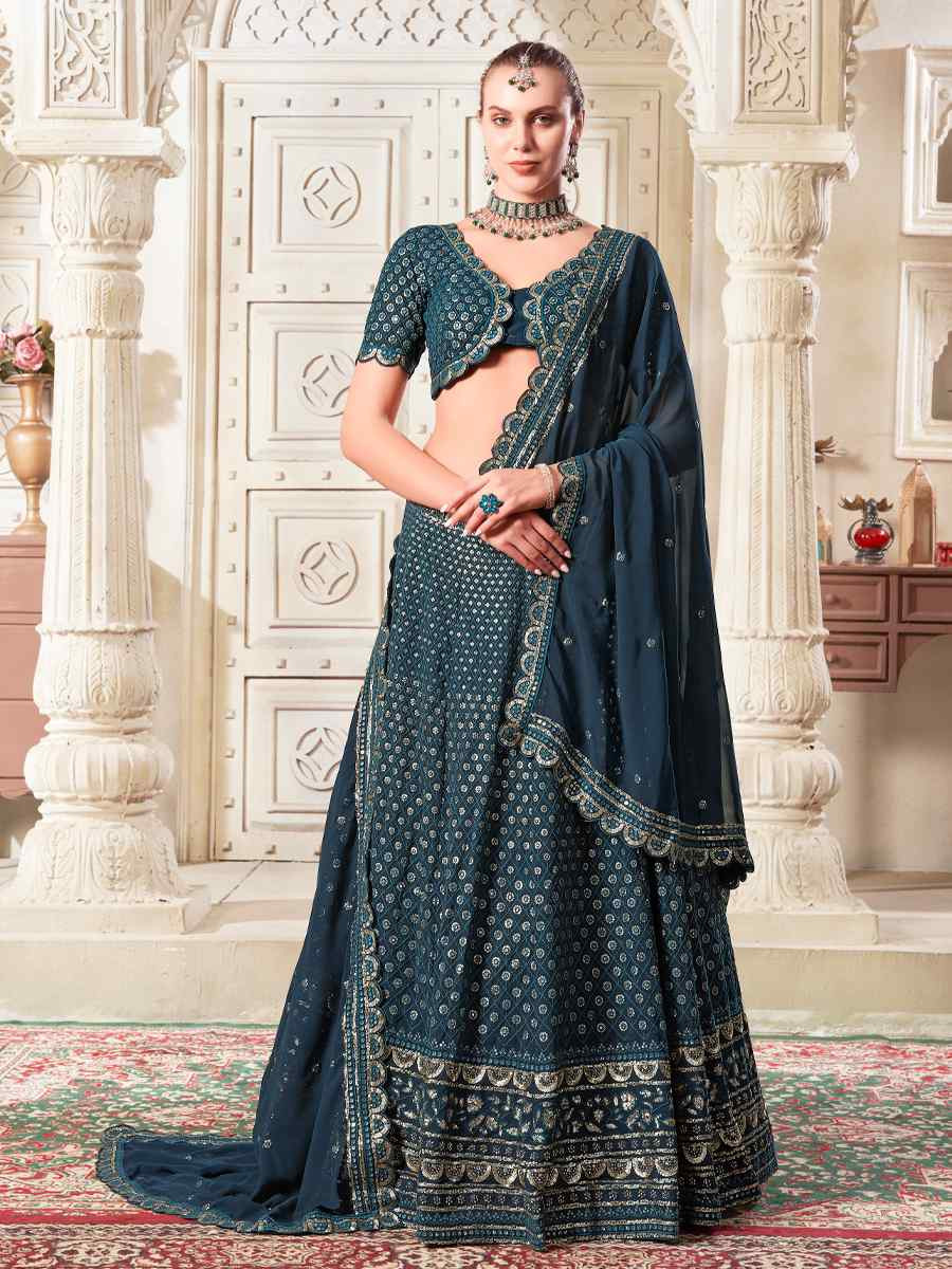 Teal Premium Georgette Embroidered Reception Party Wear Heavy Border Lehenga Choli