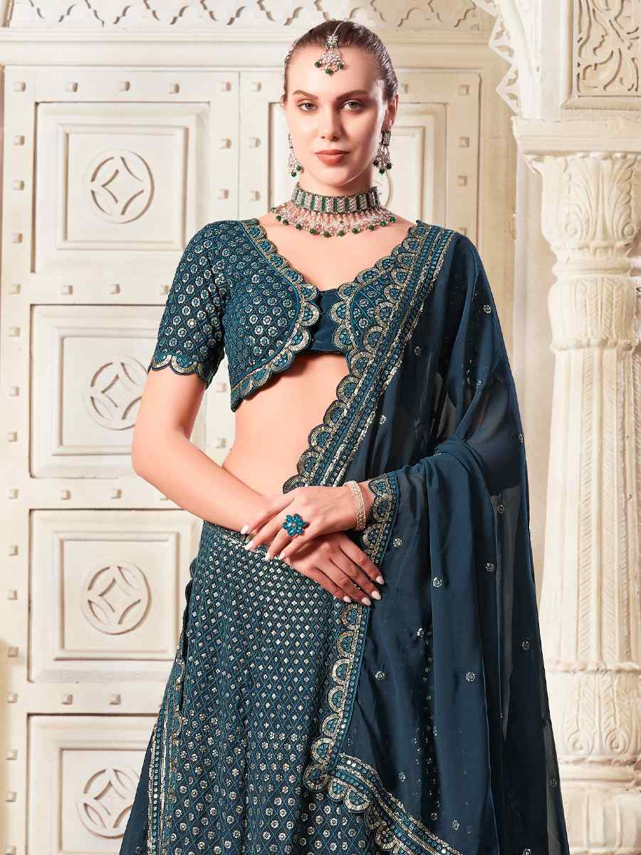 Teal Premium Georgette Embroidered Reception Party Wear Heavy Border Lehenga Choli