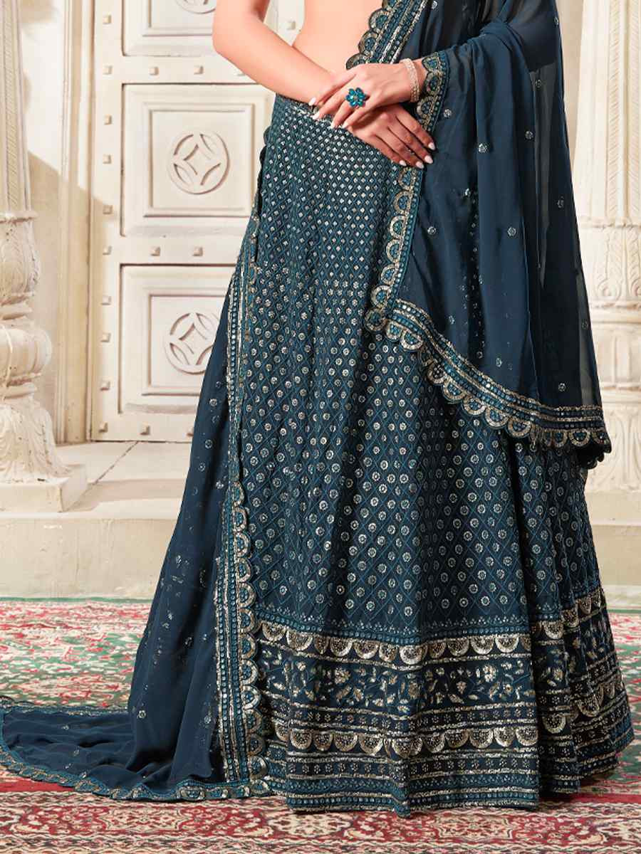 Teal Premium Georgette Embroidered Reception Party Wear Heavy Border Lehenga Choli